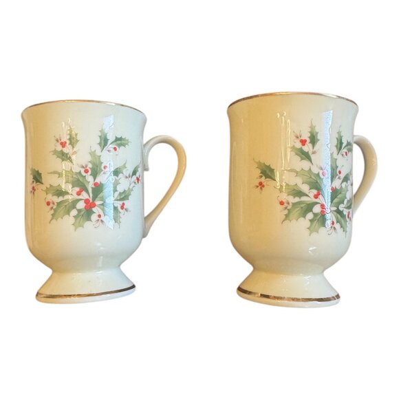 Kenasho Vintage Holiday Holly Berry Footed Coffee Mugs  Set Of 2 - Picture 7 of 12